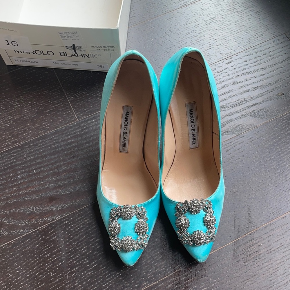 Manolo Blahnik Hangisi 105mm Blue Turquoise 38.5